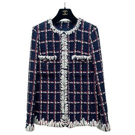 Chanel Tweed Jacket Blue and Red Check Pattern Size 34 Multiple colors