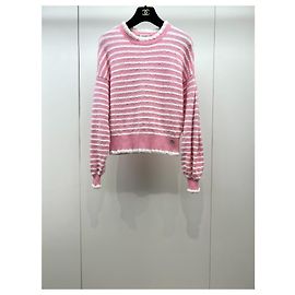 Chanel Strickpullover aus Wolle Rosa Weiß Gestreift Größe 36 Mehrfarben