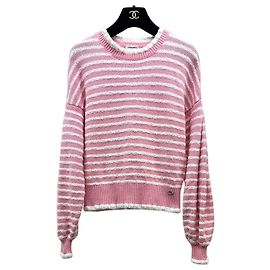 Malha Chanel de lã listrada rosa e branca Tamanho 36 Multicor