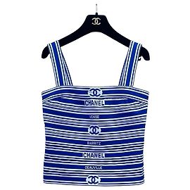 Colete Chanel Sem Mangas de Algodão Listrado Azul e Branco Multicor