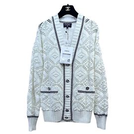 Cardigan Chanel em malha ajourada branca de algodão Multicor
