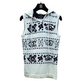 Top de malha sem mangas com capuz Chanel Branco Algodão Multicor