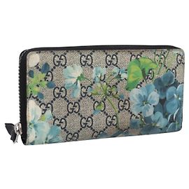 Gucci Portafoglio Zip Around Blooms Print GG Coated Canvas Blu