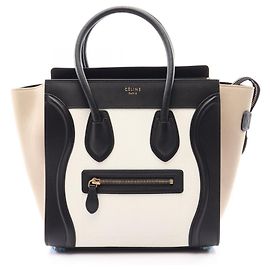 Céline Celine Luggage Micro Shopper Tote Bag Black White Beige