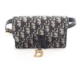 Christian Dior Dior Oblique Saddle Bag Belt Pouch Bege Azul marinho