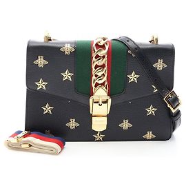 Bolsa de Ombro Gucci Sylvie Sherry Line Bee Star Preto Multicor Dourado