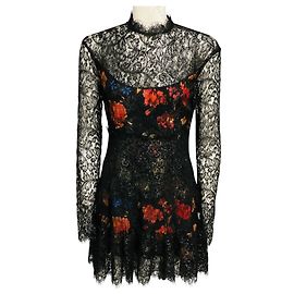 Robe de cocktail courte en dentelle imprimée fleurs multicolores noire Etro Noir
