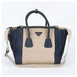 Prada Triangle Logo Leather 2-Way Tote Bag Beige Navy blue