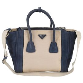 Saco Tote 2-Way em couro com logótipo Triangle Prada Bege Azul marinho
