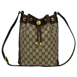 Gucci Vintage Sherry Line GG Logo Leather Drawstring Shoulder Bag Brown Red Green