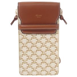 Céline Bolsa de telefone transversal com aba Celine Triomphe em tela revestida branca Branco