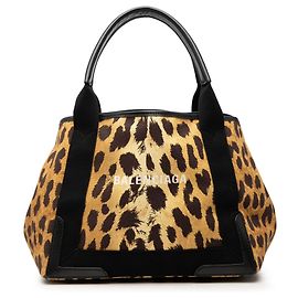 Balenciaga Cabas Tote S in tela marrone con stampa leopardata e blu navy Marrone