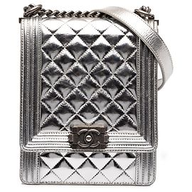 Chanel Silver Quilted Metallic Goatskin North South Boy Flap Prata