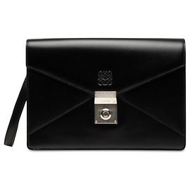 LOEWE Black Leather Anagram Envelope Wristlet Clutch Black