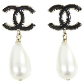 Boucles d'oreilles puces Chanel ABF395 Noir Blanc Doré