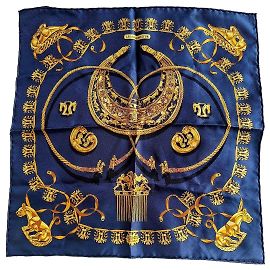 Hermès "Les Cavaliers d'Or" Silk Square Scarf Blue Golden