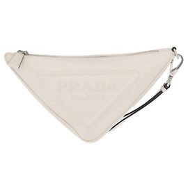 Pochette Prada con logo Triangle in pelle goffrata Bianco