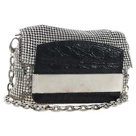 Jimmy Choo Chain Shoulder Bag Leather Sequins Silver Auth 203255M Silvery