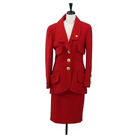 Completo Giacca e Gonna CHANEL in Cotone Rosso CC Auth am12620 Rosso