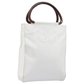 Sac à main CHANEL COCO Mark Wood Cuir Caviar White Gold CC Auth 201487V Blanc Doré