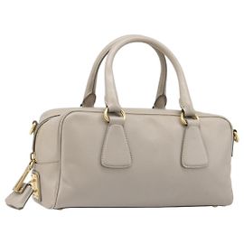 Bolsa de mão PRADA couro Saffiano Cinza Dourado Auth 204120V Marrom Dourado