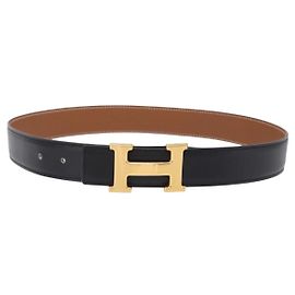 Hermès HERMES Constance H Belt Leather 33.9"" Black Gold Auth 204104 Black Golden