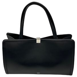 mala tote Max Mara em couro preto com alças duplas e ferragens prateadas Preto