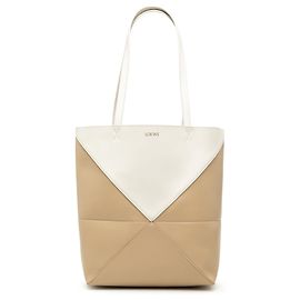 LOEWE Medium Puzzle Fold Tote aus glänzendem bicolor Kalbsleder Beige Beige