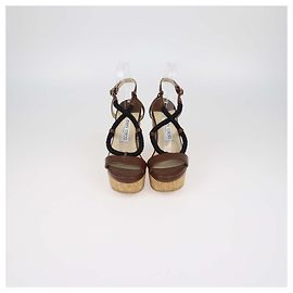 Jimmy Choo Brown Leather Wynwood Cork Wedge Sandals Brown