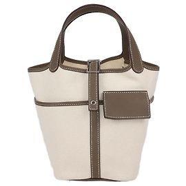 Hermès Sac Hermes Cargo Picotin Lock 18 en Toile et Cuir Swift Ecru, Etoupe Gris Blanc cassé