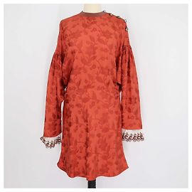 Chloé Robe boutonnée à manches longues Chloe en viscose motif fleurs couleur ocre brûlé Marron