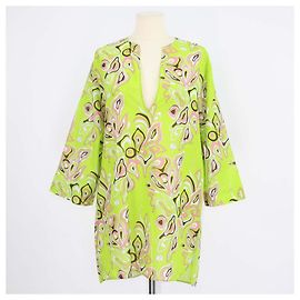 Vestido curto Emilio Pucci em mistura de algodão verde com estampado paisley, decote em V e mangas três quartos Verde