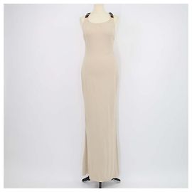 Ralph Lauren Collection Beige Blend Viscose Leder Halterneck Maxi Kleid Beige