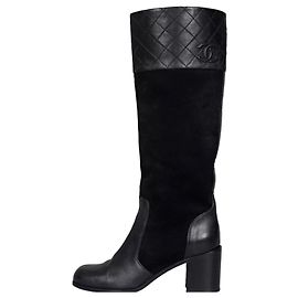 Botas de salto bloco CHANEL em camurça e couro preto EU 37 usadas Outro