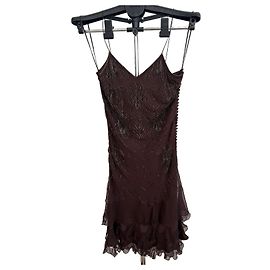Christian Dior Brown Silk Embellished Ruffle Mini Dress Brown