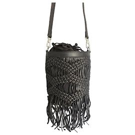 IKKS Borsa a Secchiello in Pelle Intrecciata Nera con Frange Nero