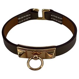 Hermès Hermes Taupe Leather Gold Hardware Mini Rivale Bracelet Size S Grey