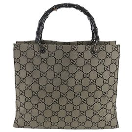 Gucci Bamboo GG Nylon Leather Handbag Tote Beige