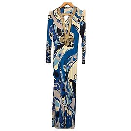 Emilio Pucci Vestido Maxi Estampado de Manga Comprida Branco Azul Cinza Azul escuro