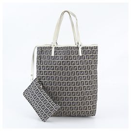 Fendi Zucchino Leder Canvas Tote Bag Weiß Marineblau