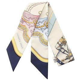 Hermès Hermes Twilly GRAND APPARAT Seidenschal Mehrfarben Beige Marineblau