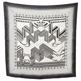 Hermès Hermes Carre 55 SANGLES EN ZIGZAG Pañuelo de seda Negro Blanco