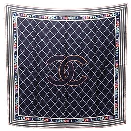 Chanel Coco Mark Seidentuch Weiß Mehrfarben Marineblau