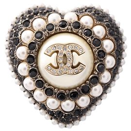 Chanel Coco Mark Heart Brooch Black White Golden