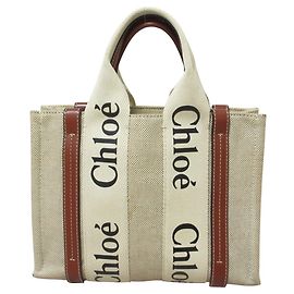 Chloé Woody Small Canvas Tote Bag Beige