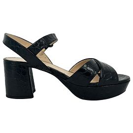 Prada Black Croc-Embossed Crisscross Platform Sandals in Black Patent Leather Black