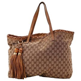 Gucci Mala Tote em Lona Monograma GG com Borlas de Bambu Marrom