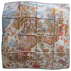 Lenço de seda Hermès 90cm Academia Hippica Multicor Bege