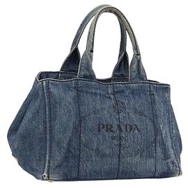 Bolso de mano PRADA Canapa MM Denim Blue Gold Auth 201344 Azul Dorado