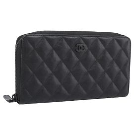 CHANEL Matelasse Long Wallet Leather Black CC Auth 204111V Black